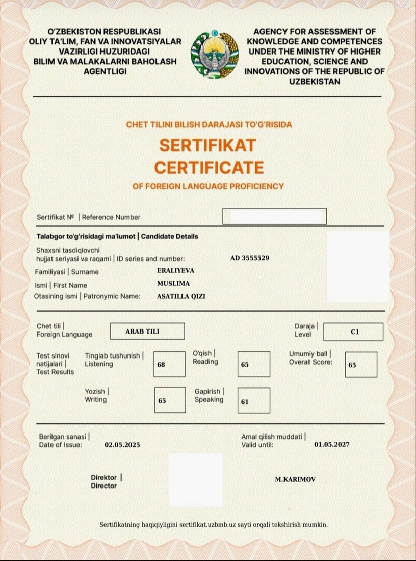 Baholash agentligi sertifikati · C1